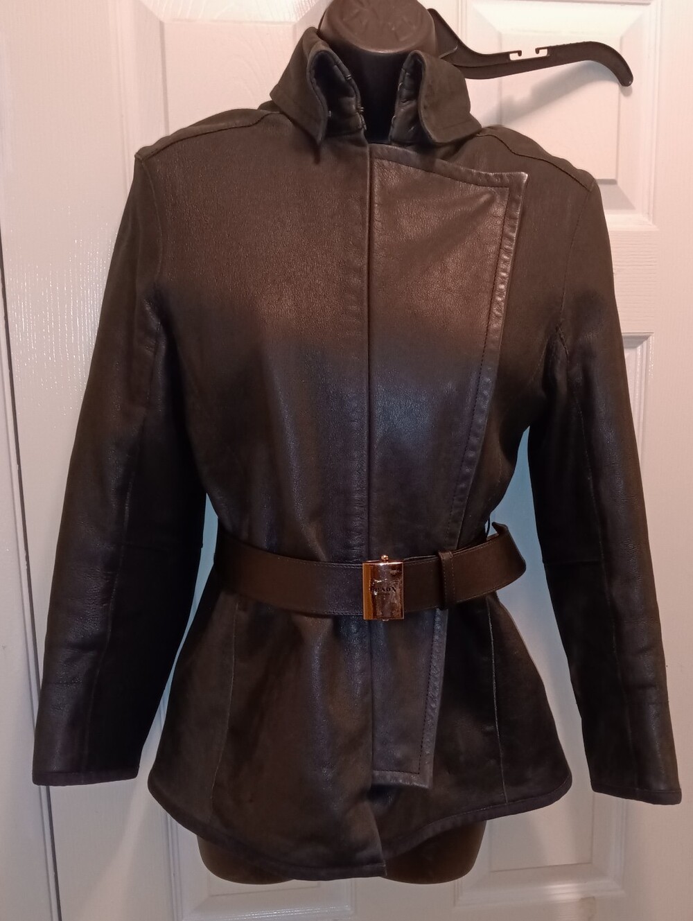 Authentic Prada Black Leather Belted Motorcycle Style Jacket